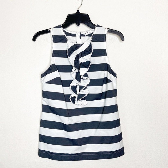 Trina Turk Evergreen Black and White Striped Ruffle Front Top Sz XS - Picture 2 of 9